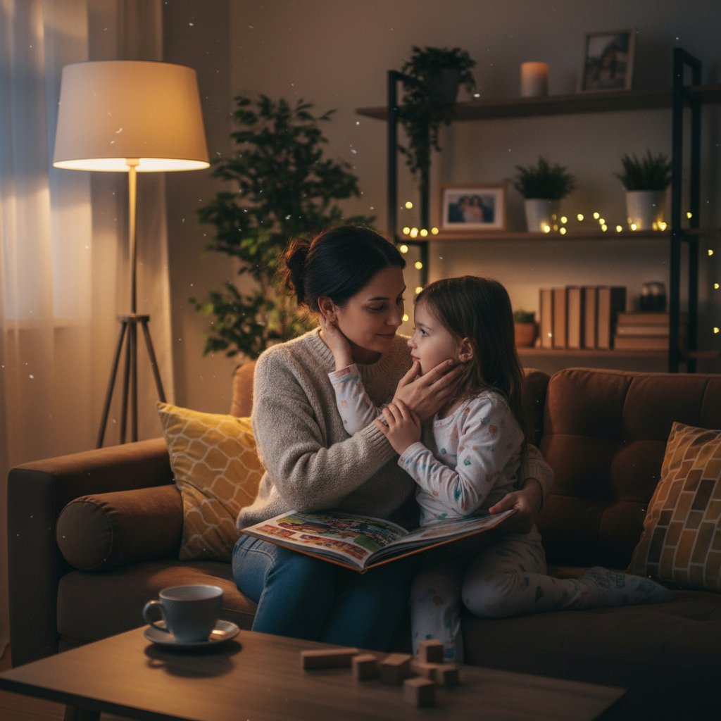 Samotna matka i syn rozmawiający wieczorem na kanapie, mindful parenting po rozstaniu