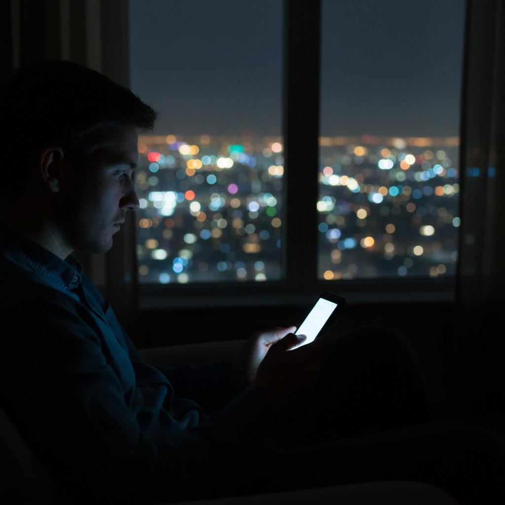 Eine einzelne Person sitzt in einem dunklen Raum, vom Licht des Smartphones beleuchtet. Im Hintergrund leuchten die Lichter der Stadt – Symbol für digitale Einsamkeit und das Bedürfnis nach Nähe.