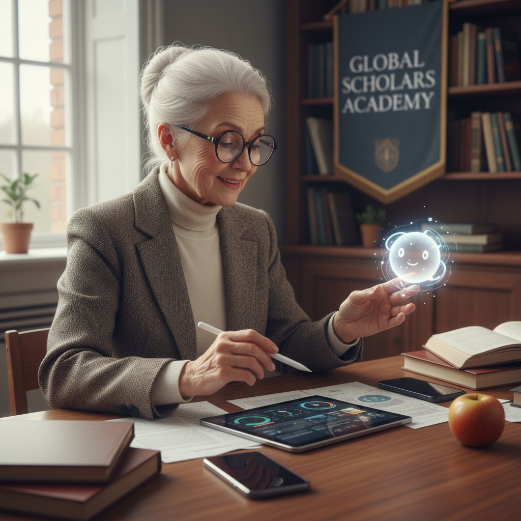 Alleinlebende Berufstätige am Schreibtisch, ältere Frau mit Tablet, junger Student mit Smartphone, Nutzung von KI-Freundin sichtbar