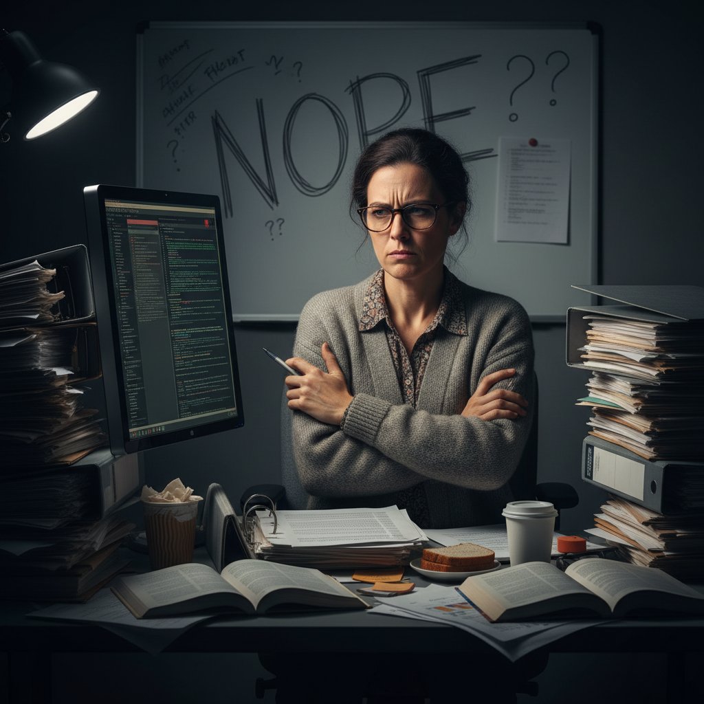 Analityk patrzący nieufnie na komputer obok tradycyjnych segregatorów z dokumentami