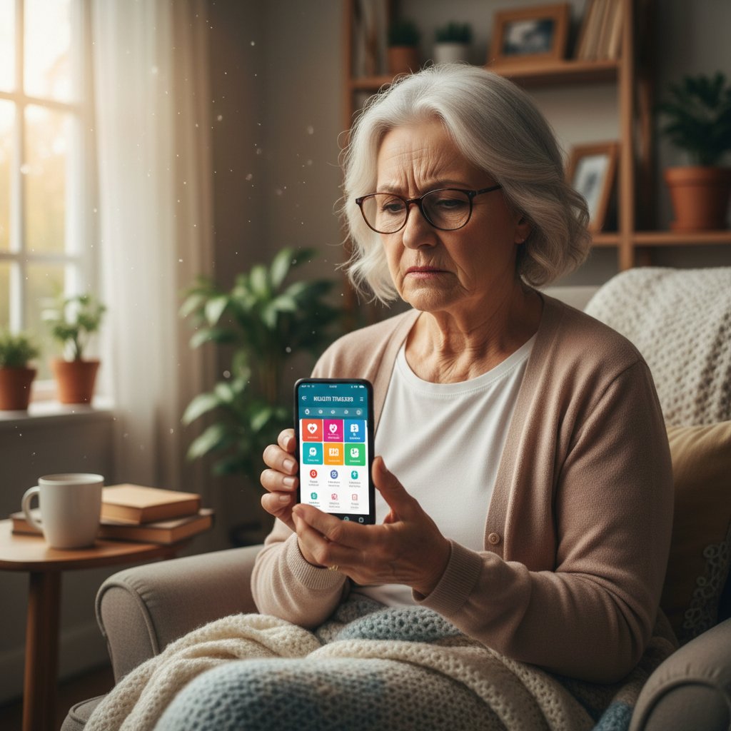 Starsza kobieta patrząca z nieufnością na aplikację medyczną na smartfonie