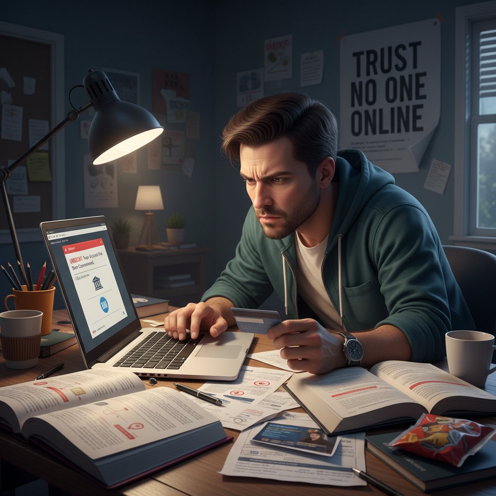 Portret osoby nieufnej patrzącej w ekran laptopa, w tle stos książek i notatki