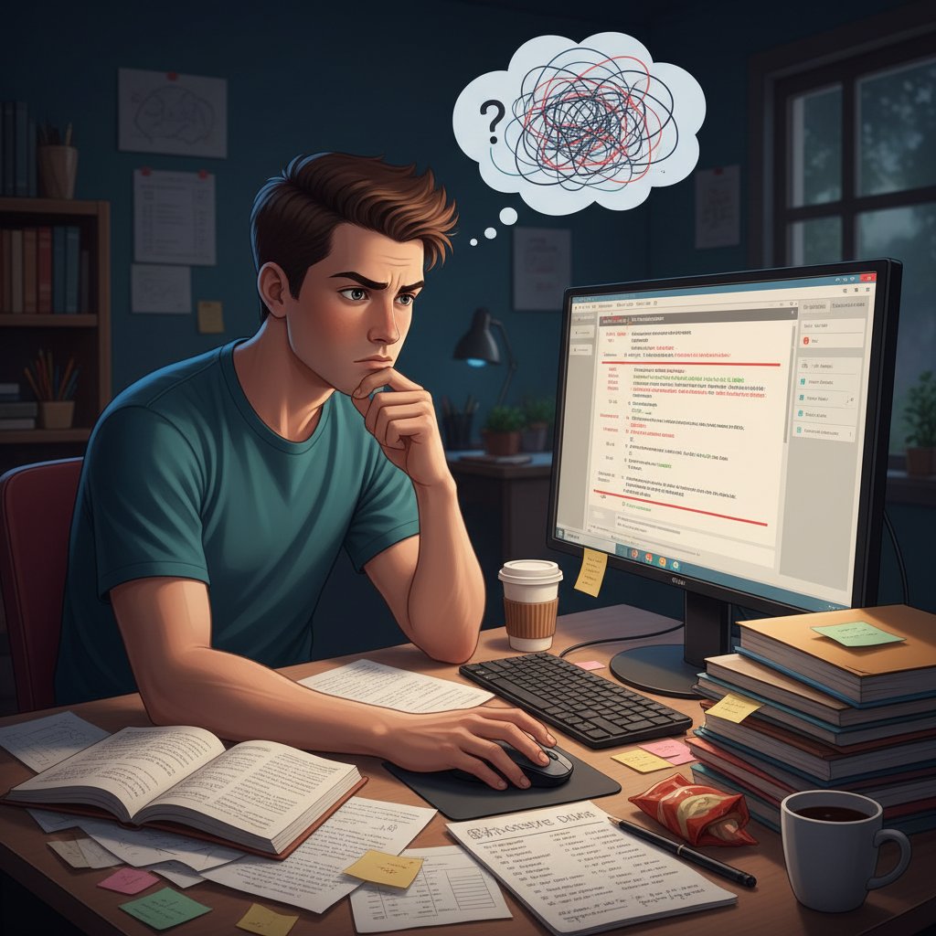 Portret sceptycznego ucznia, komputer, mnóstwo notatek, atmosfera niepewności
