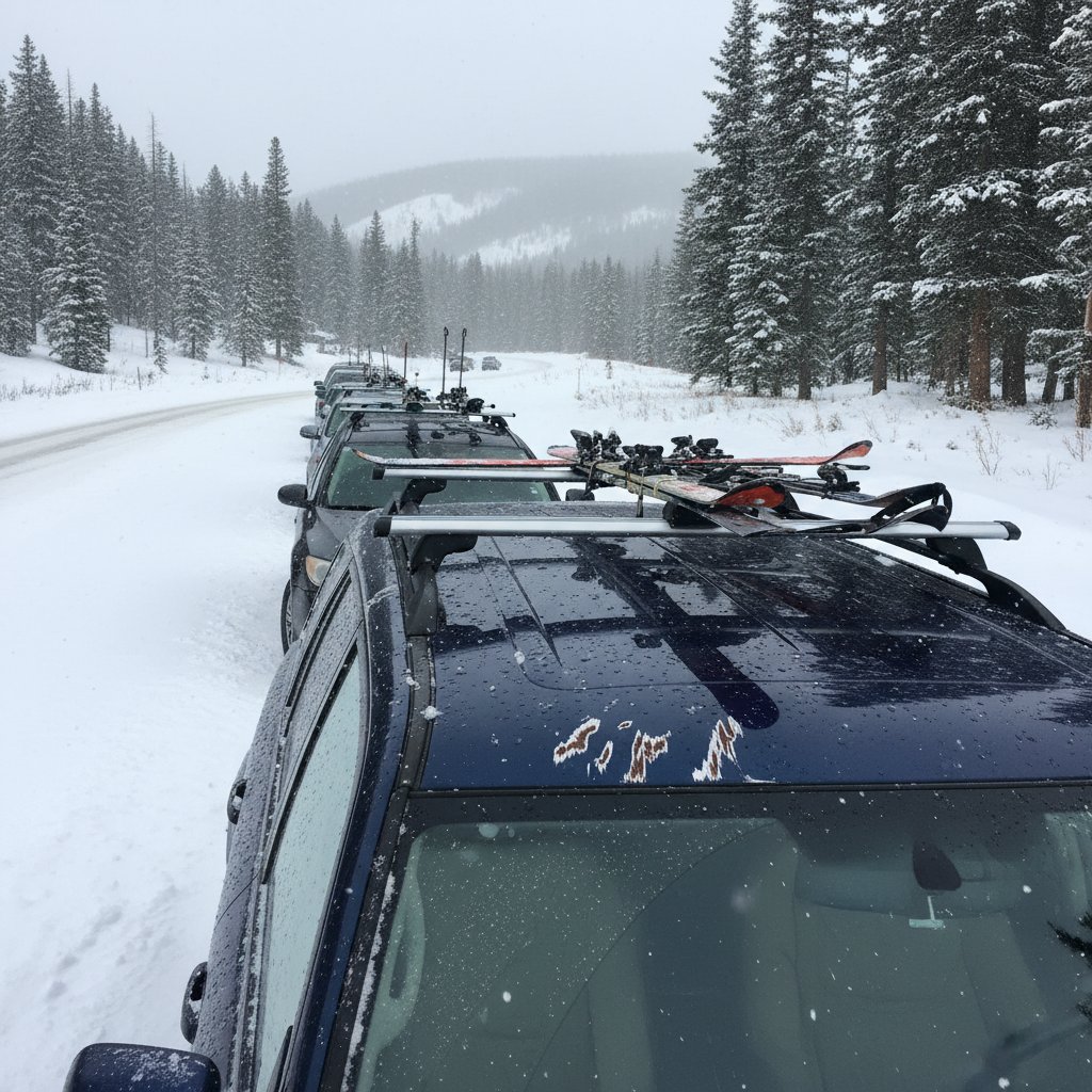 Car roof with scratched paint from poorly installed ski rack, snowy roadside, highlighting ski rack cars risks and damage