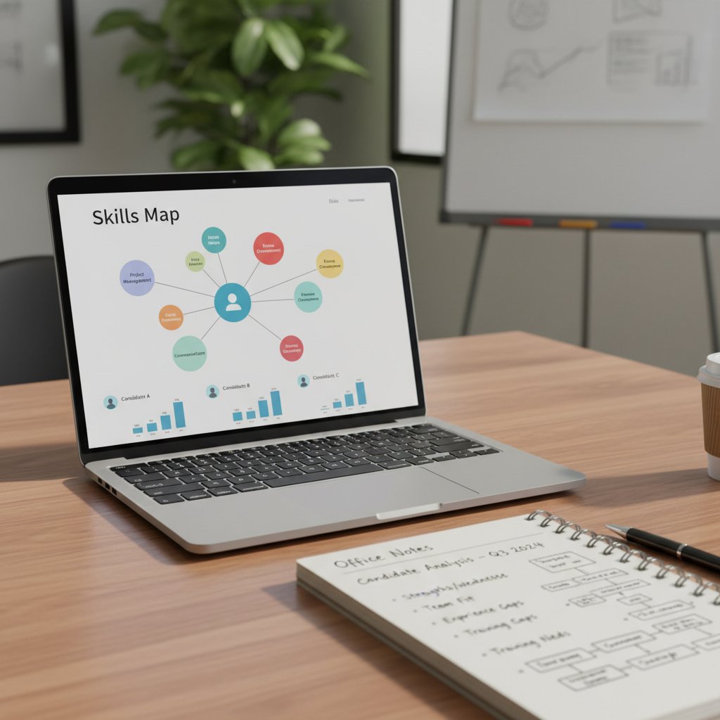 Mapa kompetencji, kandydat analizujący ogłoszenie, notatki i laptop, biuro