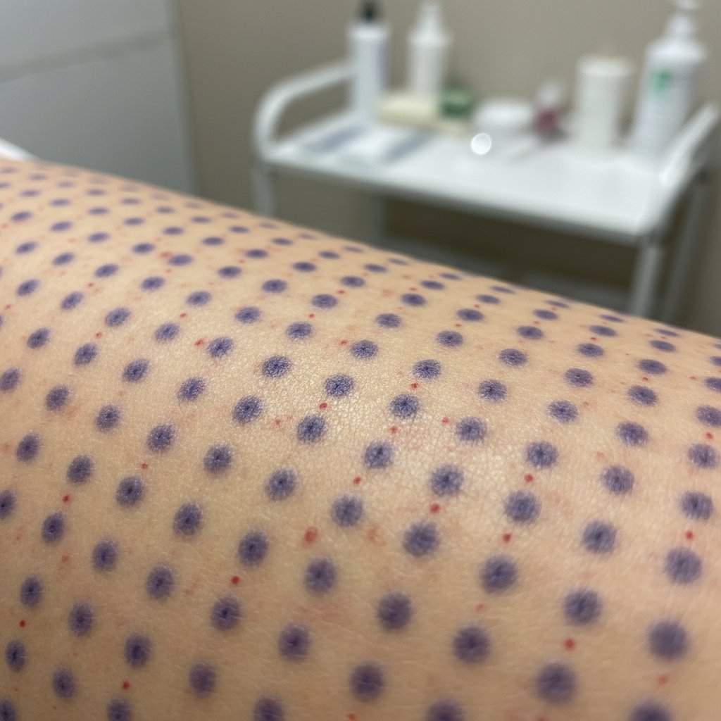 Skóra z drobnymi siniakami po zabiegu karboksyterapii, realistyczne ujęcie