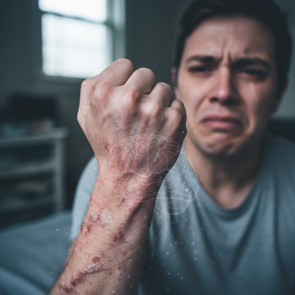 Zbliżenie na skórę z wysypką i wyraźnym napięciem emocjonalnym, psychosomatyka, stres a skóra