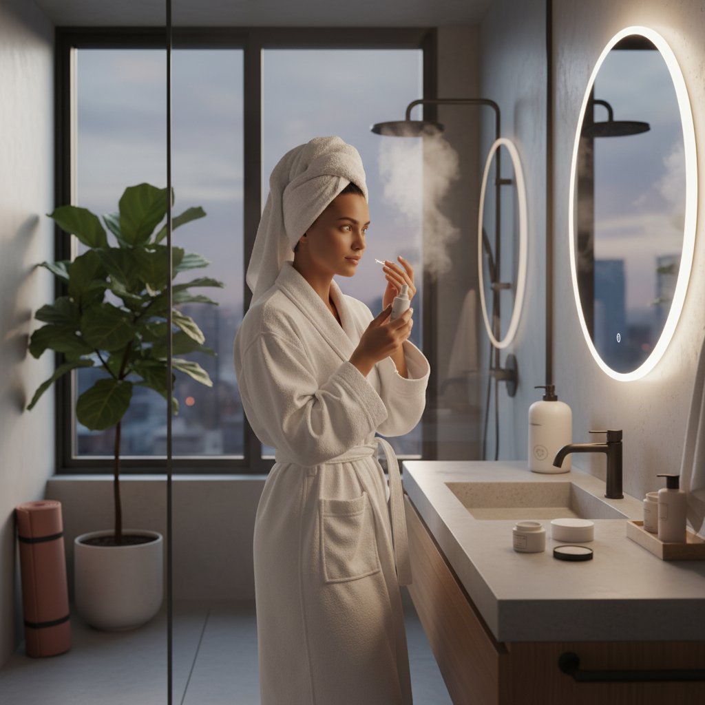 Kobieta stosująca nowoczesne kosmetyki po treningu, łazienka, odzież sportowa, pielęgnacja skóry