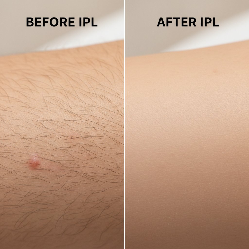 Zbliżenie na skórę przed i po serii zabiegów IPL, wyraźna różnica w ilości włosów i kolorycie skóry