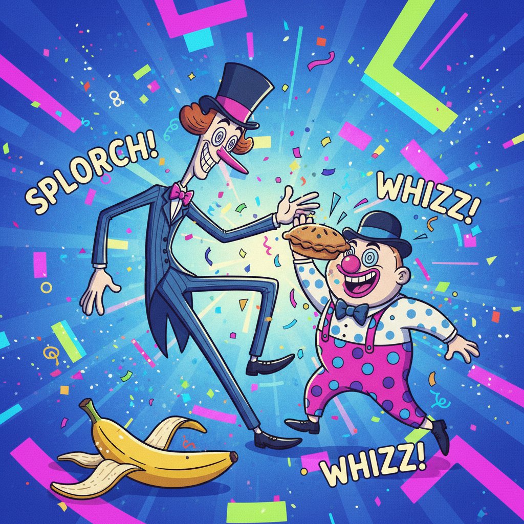 Collage of slapstick comedians transforming into digital avatars, vibrant colors, playful mood, 16:9