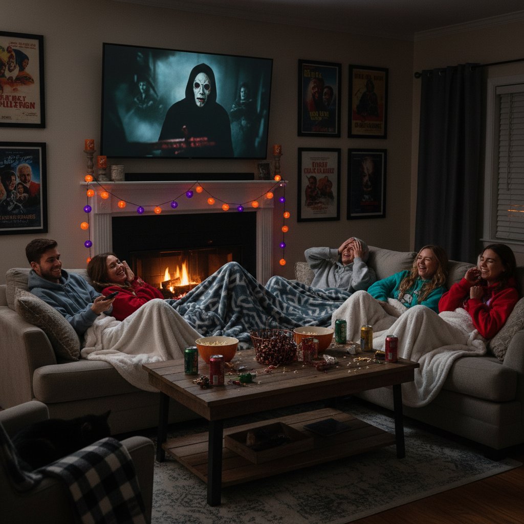 A cozy living room set up for a movie marathon, slasher posters on the walls, snacks and blankets ready