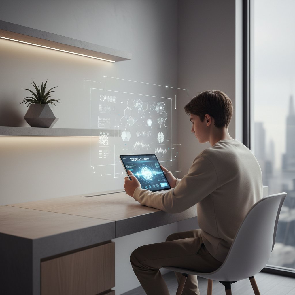 Uczeń korzystający z aplikacji AI do nauki do matury, skupiony wyraz twarzy, nowoczesne otoczenie, tablet z interfejsem aplikacji edukacyjnej