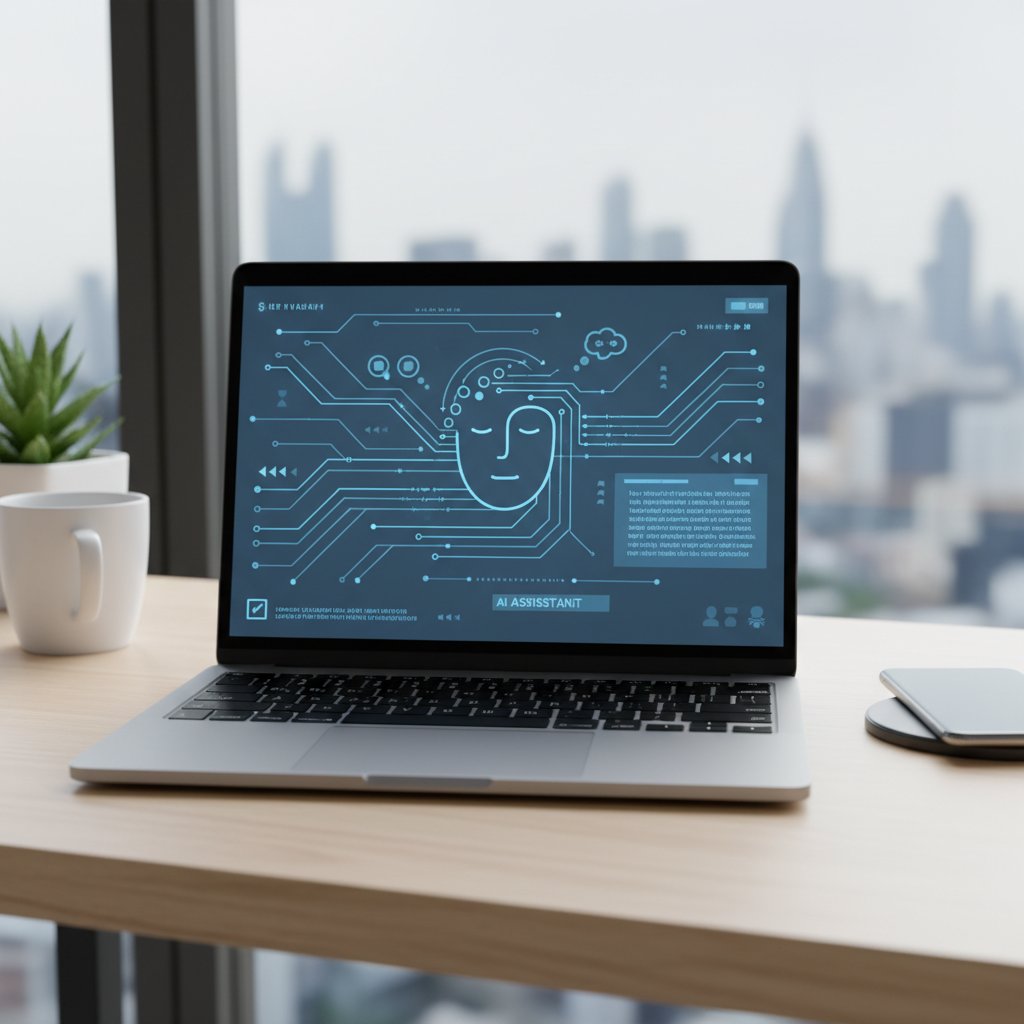 Interfejs AI doradcy na minimalistycznym laptopie