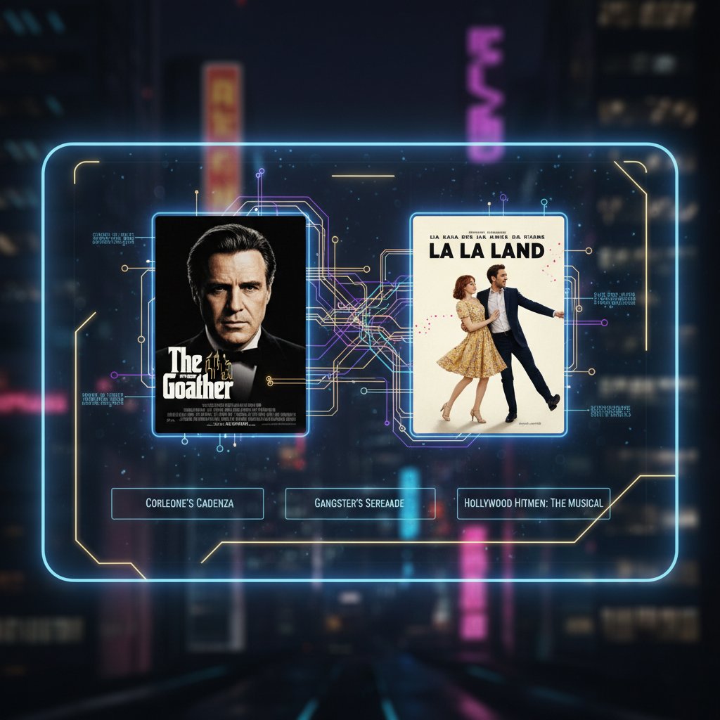 Sleek AI-driven interface suggesting unexpected movie pairings, AI movie recommendations
