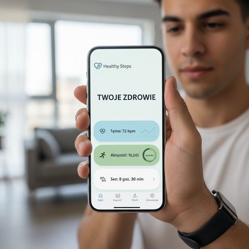 Interfejs polskiej aplikacji zdrowotnej na smartfonie, używany przez młodego dorosłego