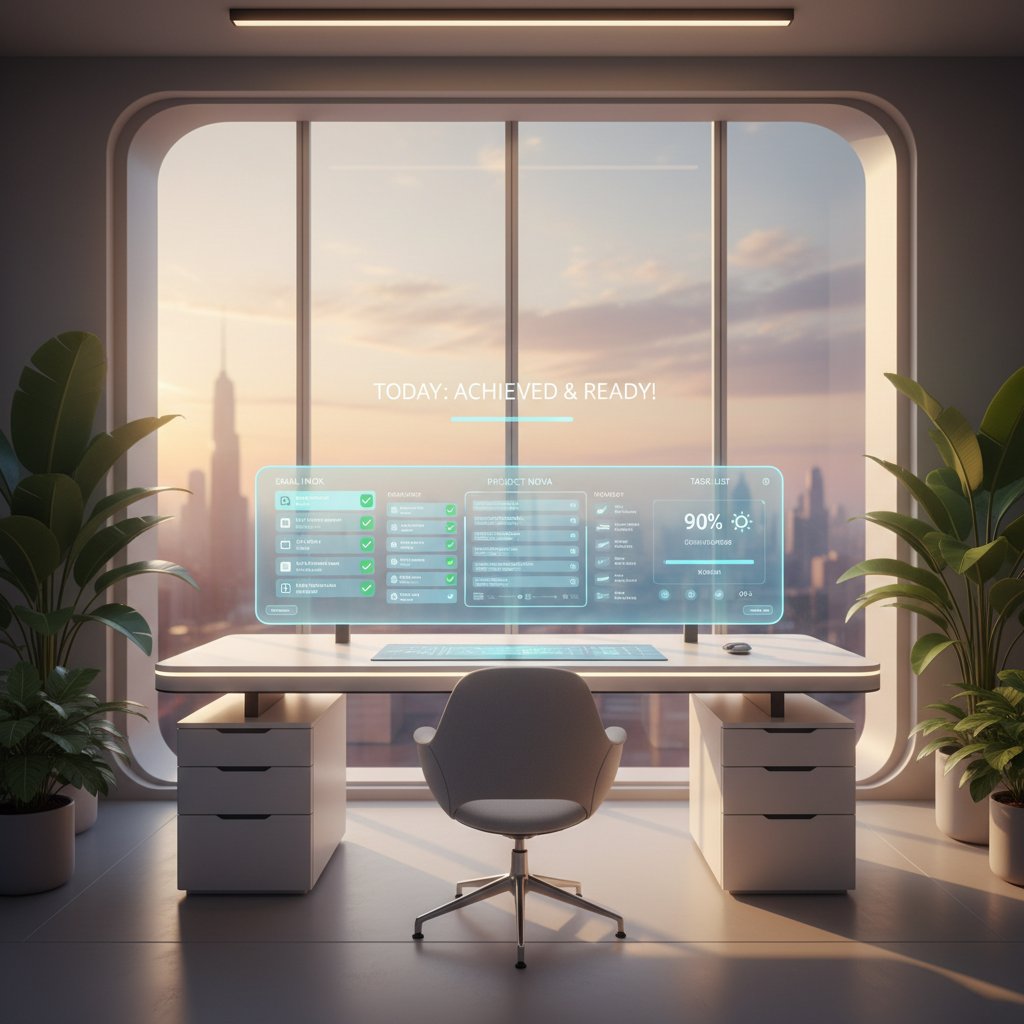 Modern workspace with integrated email-task dashboard, hopeful mood