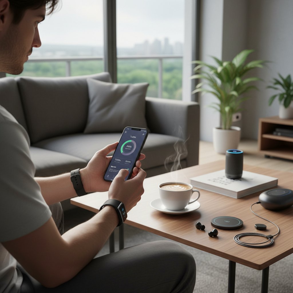 Osoba korzystająca z aplikacji do monitorowania snu, smartfon, zegarek, kawa