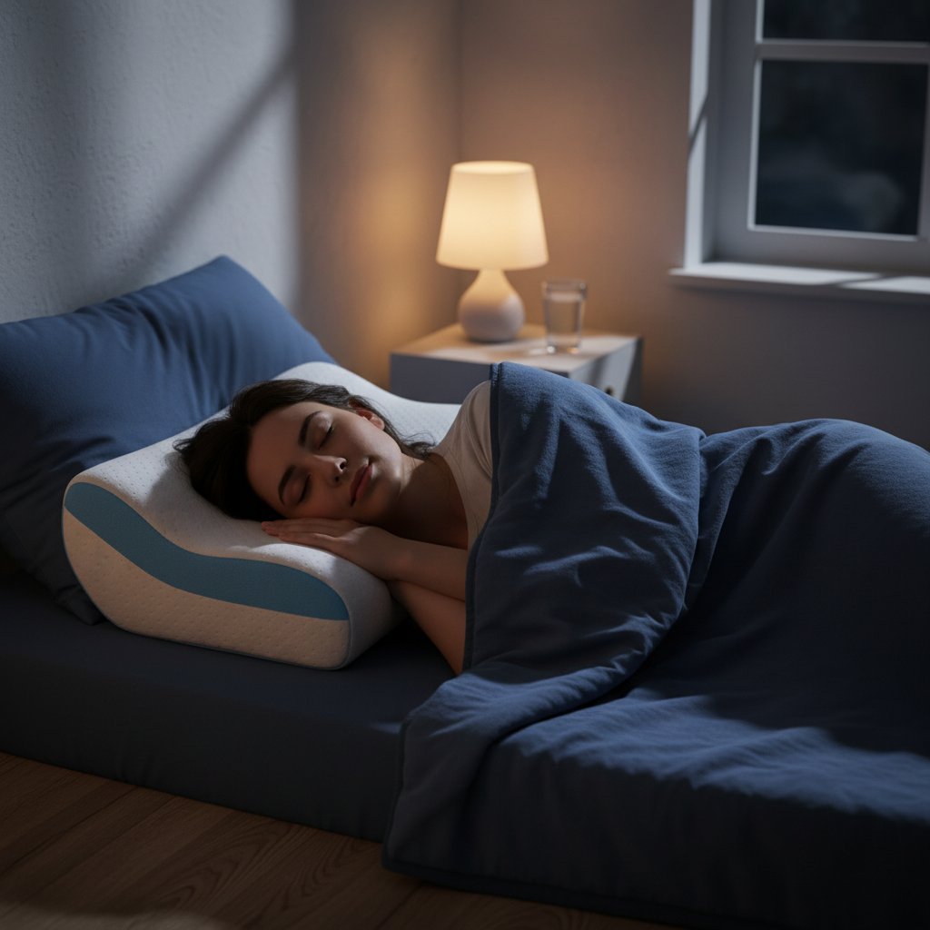 Osoba śpiąca na poduszce ortopedycznej, podparcie szyi, nocna sypialnia