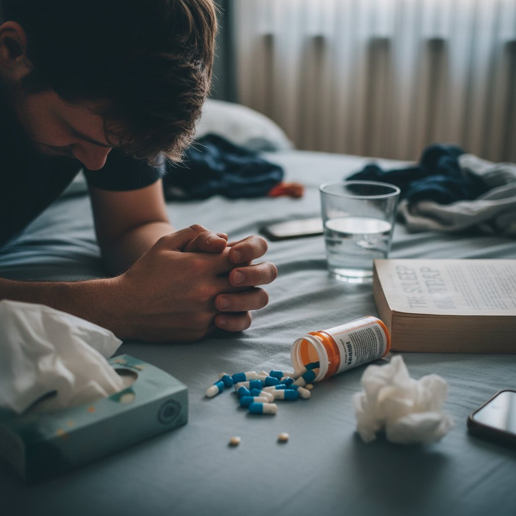 Stos leków nasennych w rękach osoby, wyraz niepokoju, atmosfera uzależnienia
