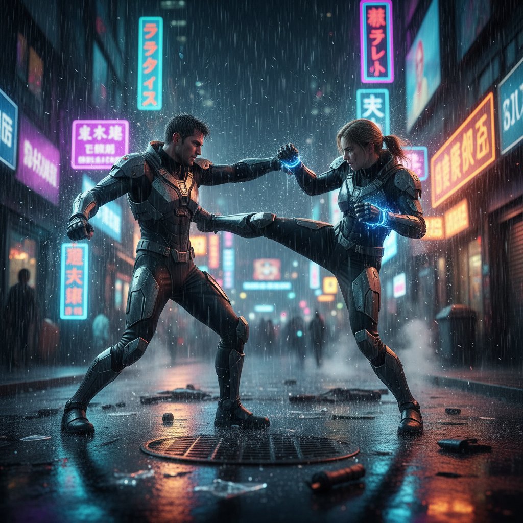 Iconic slow-motion fight in Zack Snyder film, rain and neon lights, action scene