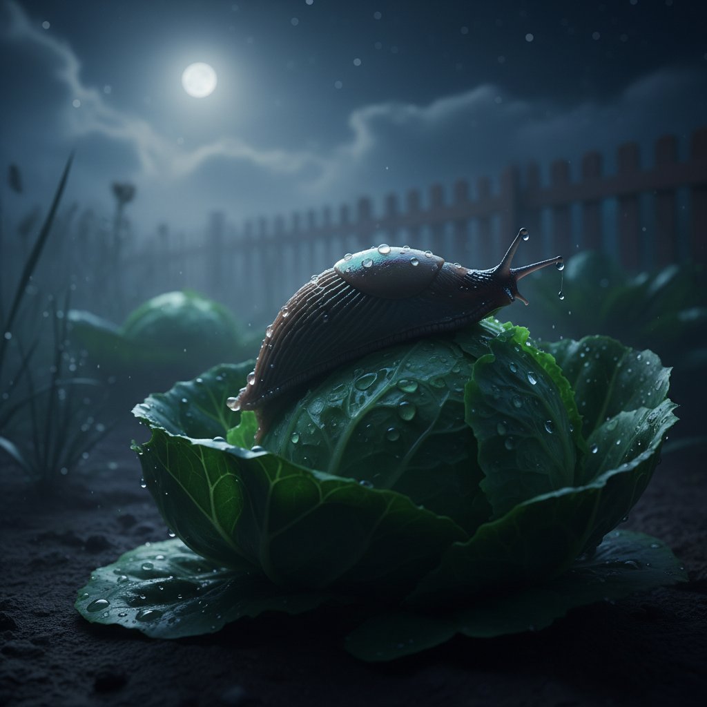 Ślimak żerujący na sałacie nocą