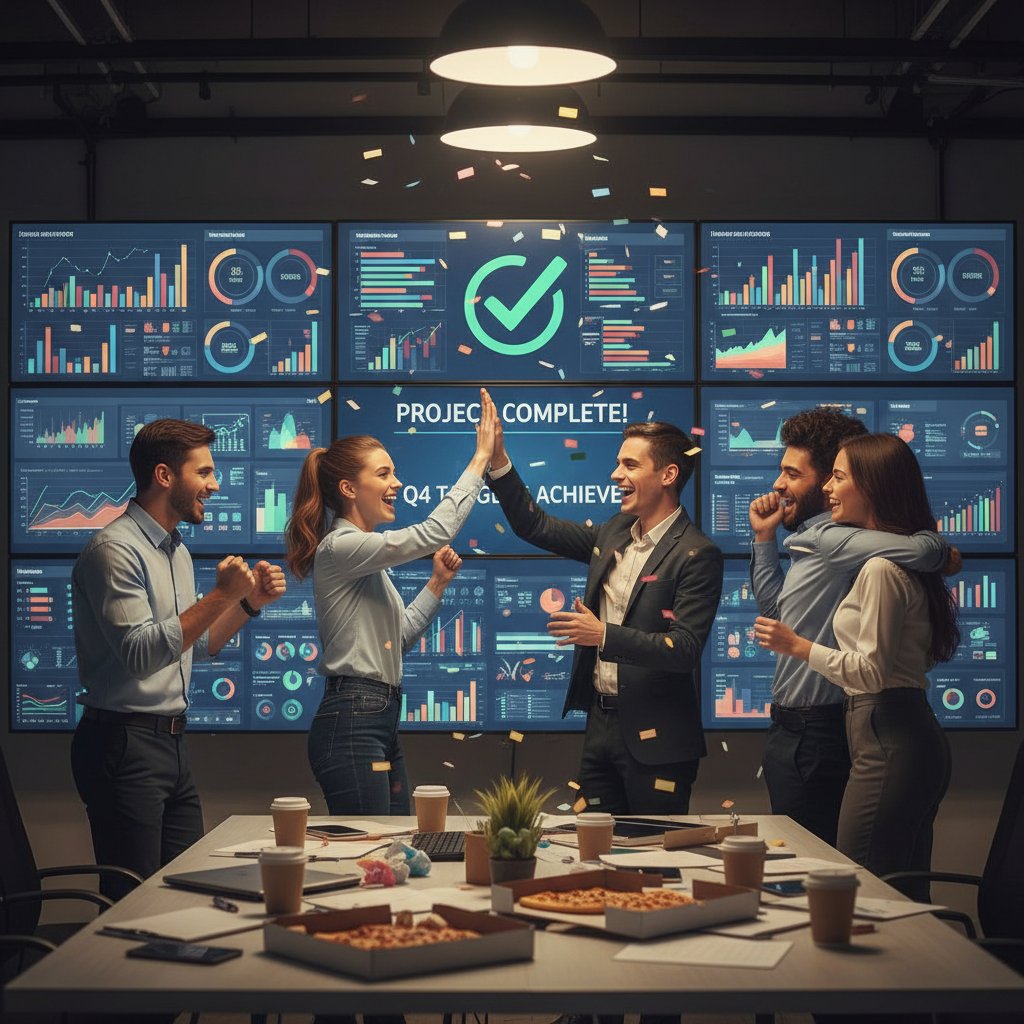 Close-up of a small team of analysts celebrating in front of digital analytics screens
