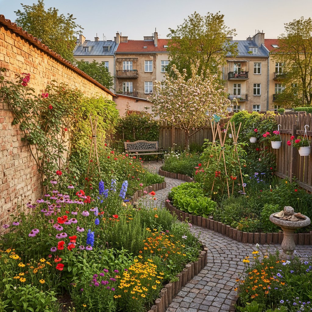 Mały ogród przydomowy w Warszawie z mieszanymi rabatami