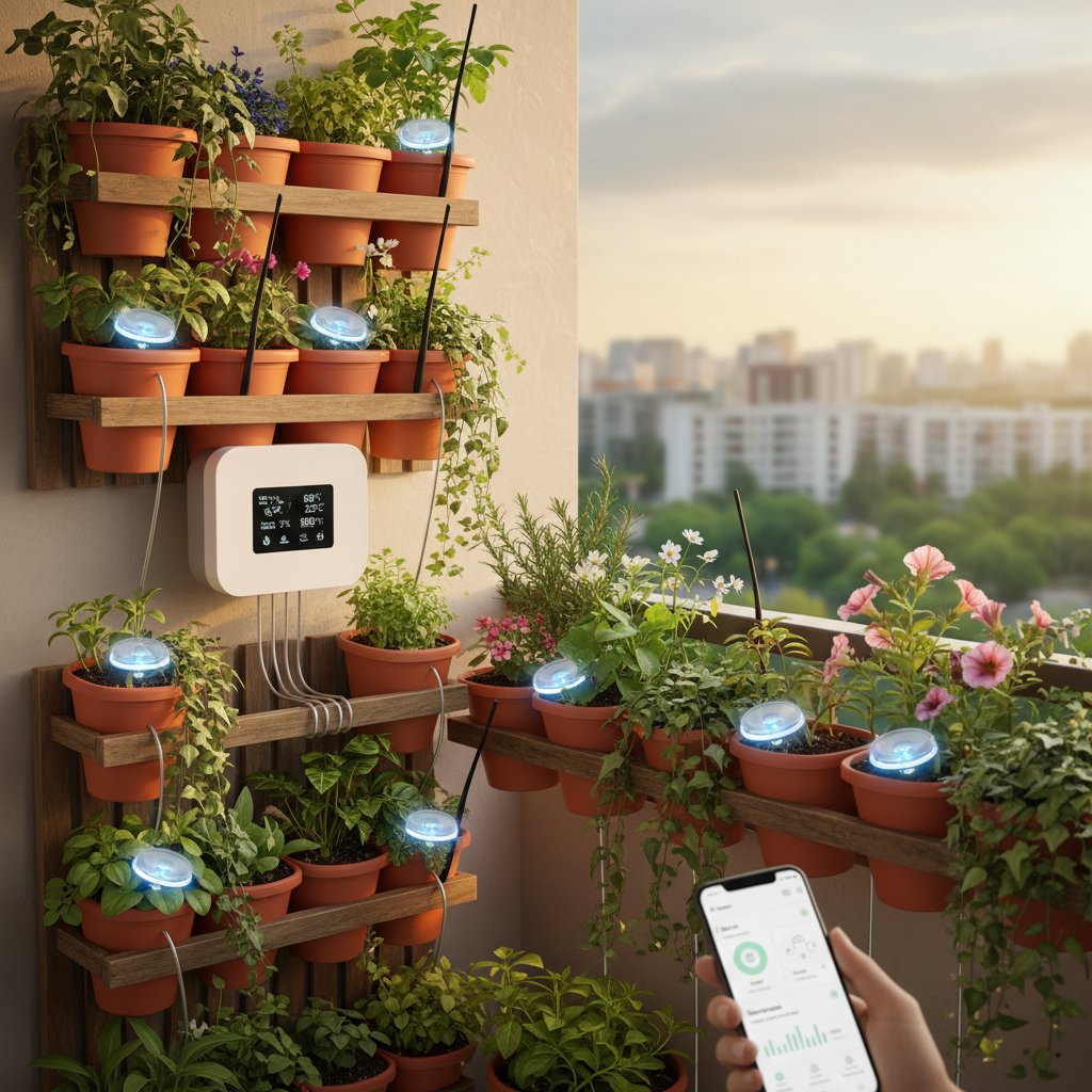 Balkonowy ogród z czujnikami monitorującymi