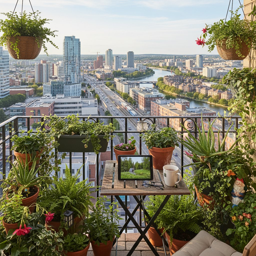 Bujny balkon z roślinami w donicach, tablet z aplikacją ogrodniczą na tle miejskiej panoramy