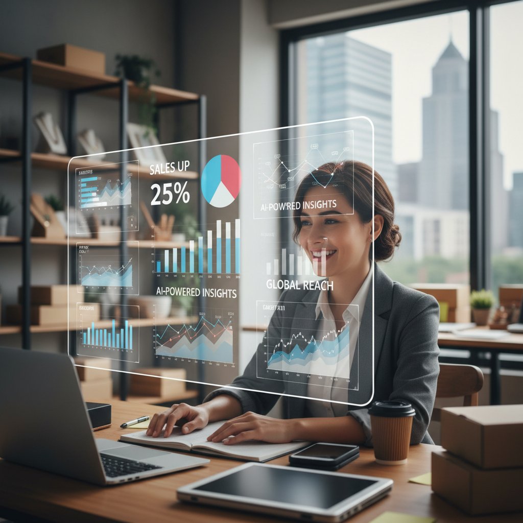 Pracownicy małej firmy analizujący dane AI na tle dynamicznego rynku e-commerce