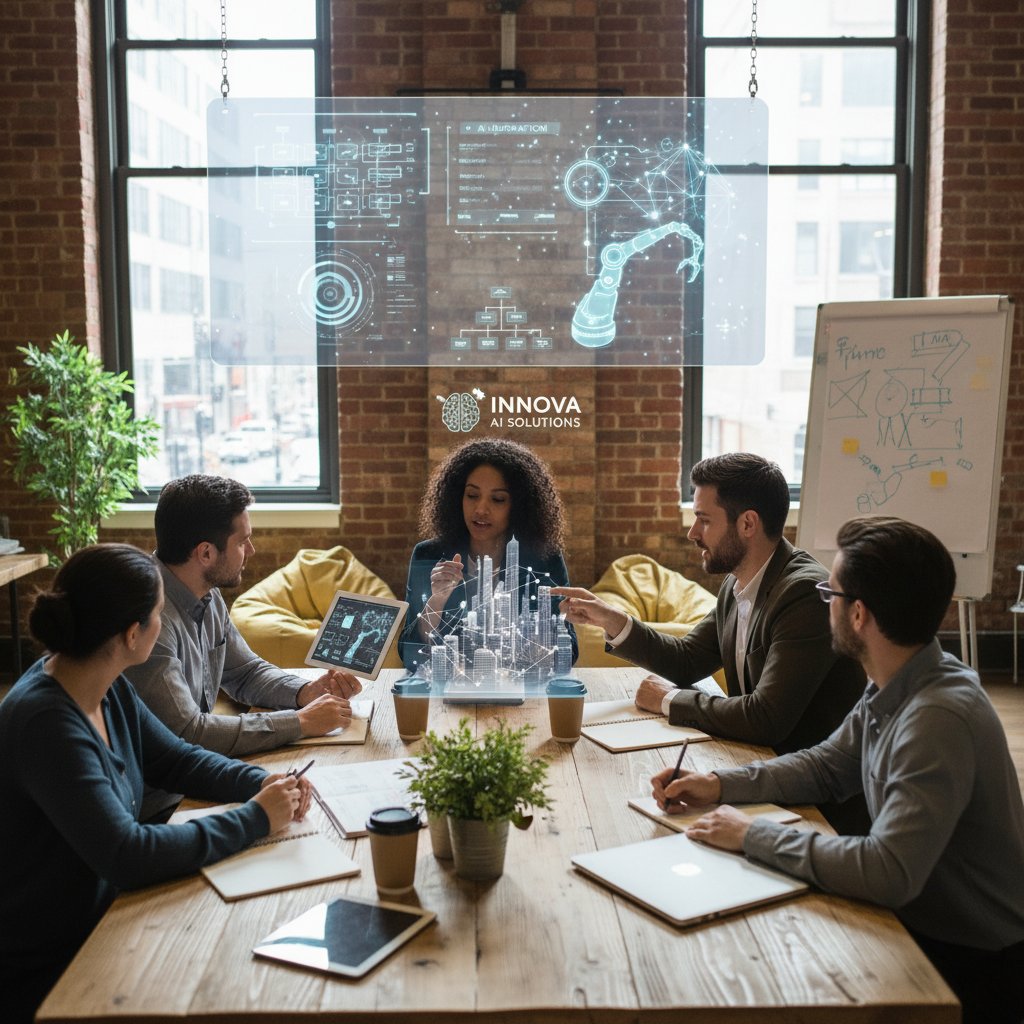 Mała firma podczas wdrożenia AI chatbota contentowego, zespół omawia wyniki na laptopach