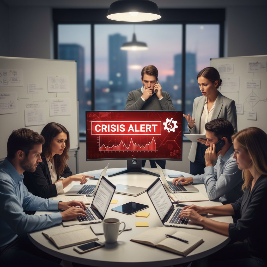 Zespół małej firmy analizujący alerty kryzysowe na ekranie monitora