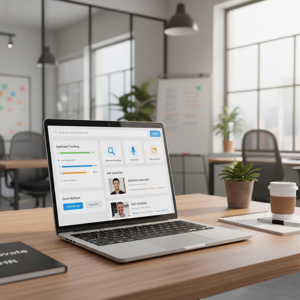 Mała firma korzystająca z nowoczesnego systemu rekrutacyjnego na laptopie