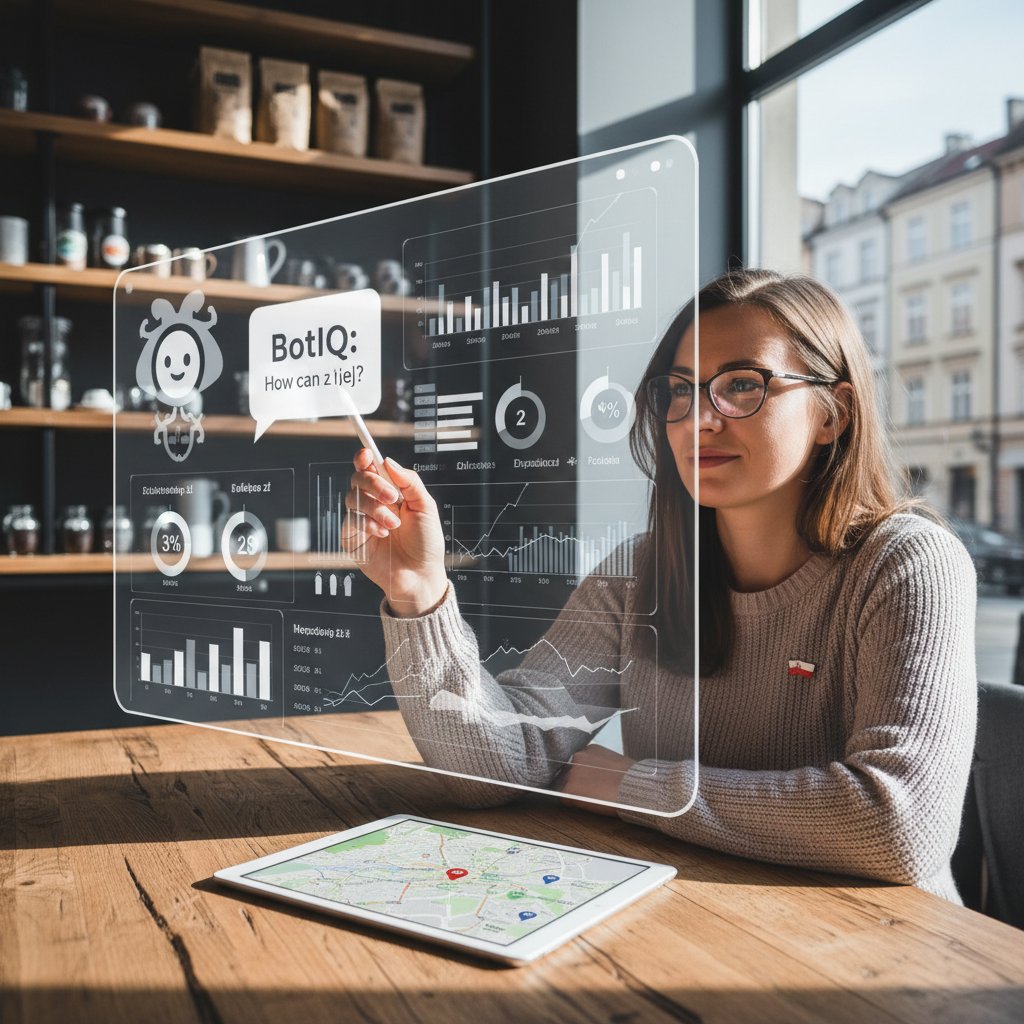 Właściciel małej firmy korzysta z AI do analizy danych