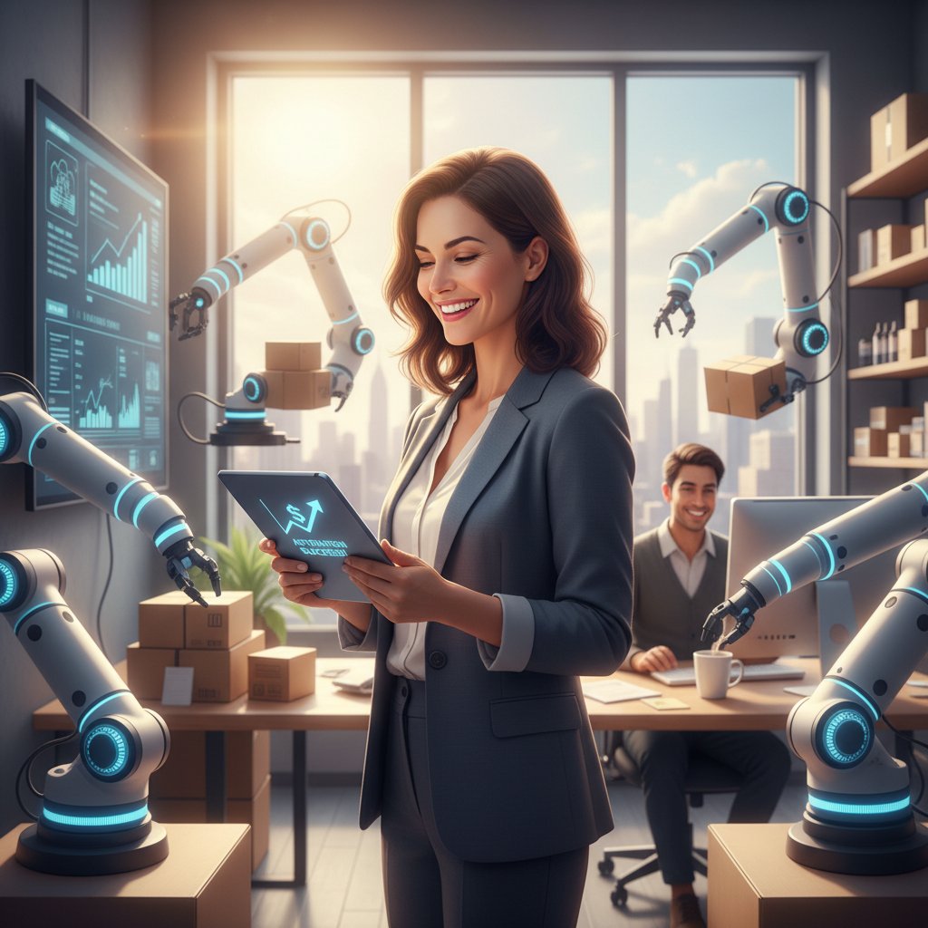 Zdjęcie właściciela małej firmy cieszącego się z wyników wdrożenia automatyzacji