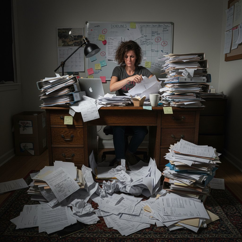 Młody przedsiębiorca przy biurku z rozrzuconymi dokumentami, zmęczony wyraz twarzy, chaos