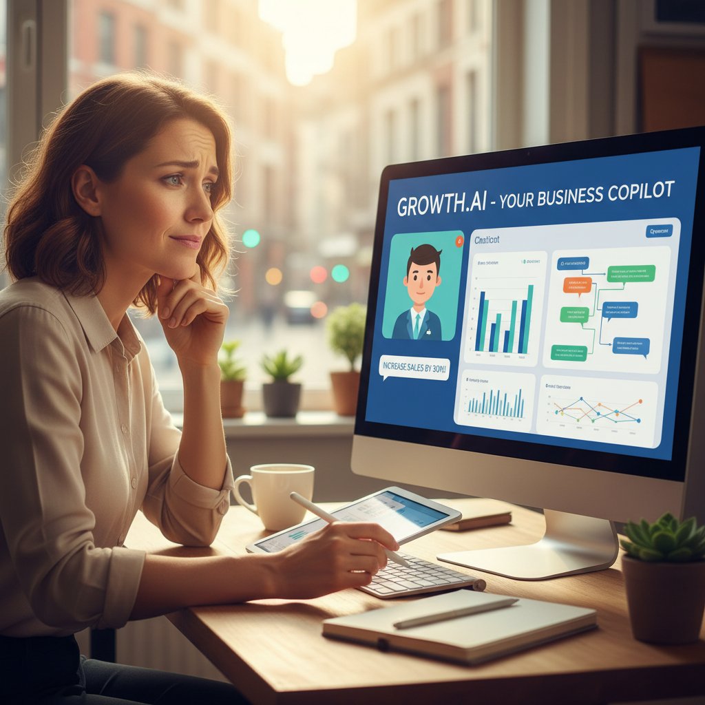 Właściciel małej firmy analizuje efektywność chatbota B2C na pulpicie, z nadzieją i lekkim sceptycyzmem