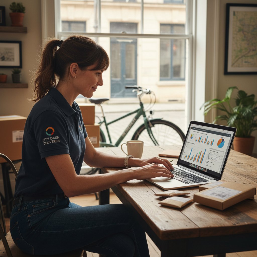 Pracownik małej firmy kurierskiej analizujący statystyki na laptopie