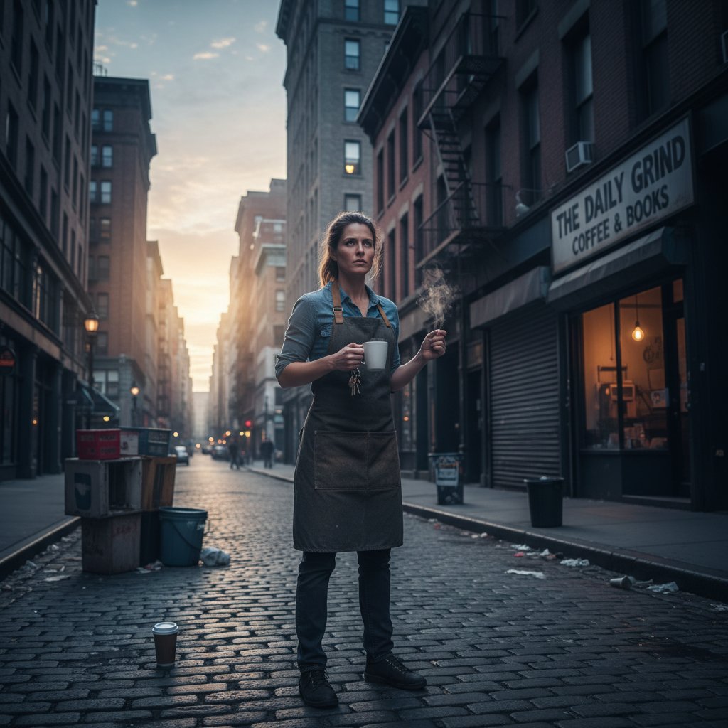 Właściciel małej firmy na tle miejskiej ulicy o świcie, atmosfera napięcia i determinacji