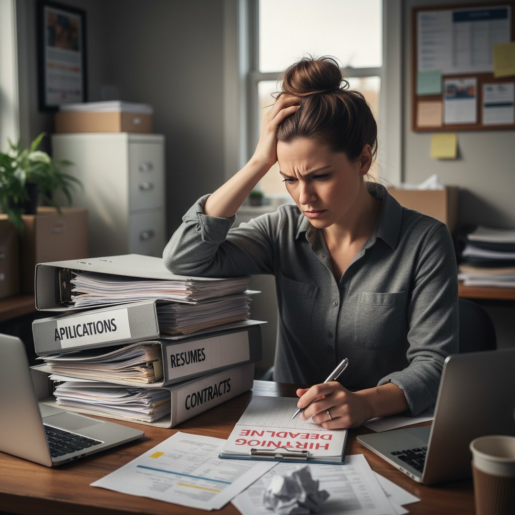 Przedsiębiorca w małej polskiej firmie zmagający się z dokumentami rekrutacyjnymi, słowa kluczowe: system automatycznej rekrutacji, frustracja, rekrutacja