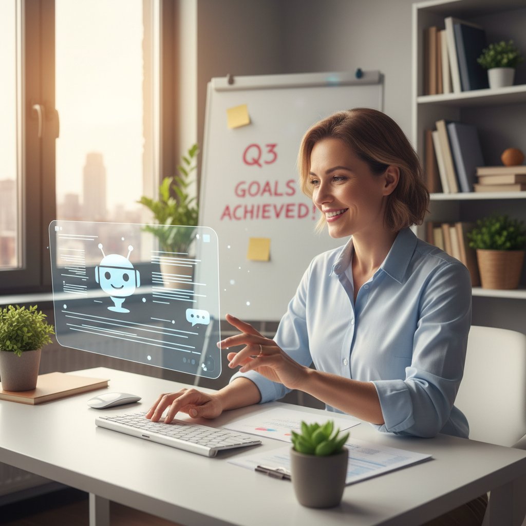 Właściciel małej firmy zadowolony po wdrożeniu chatbota AI, biuro, laptop, sukces