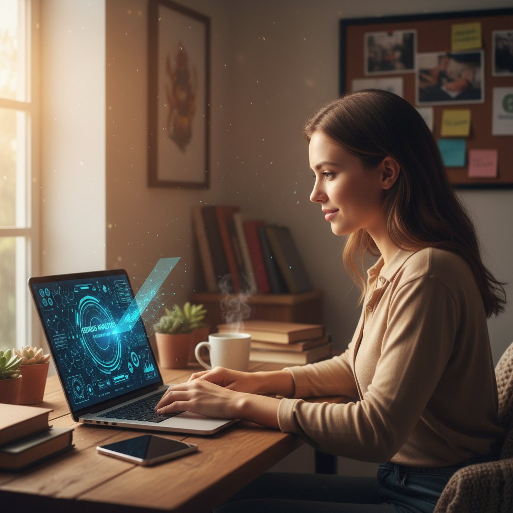 A small business owner exploring automation tools on a laptop, cozy workspace, hopeful, AI-powered UI visible, customer service automation in action