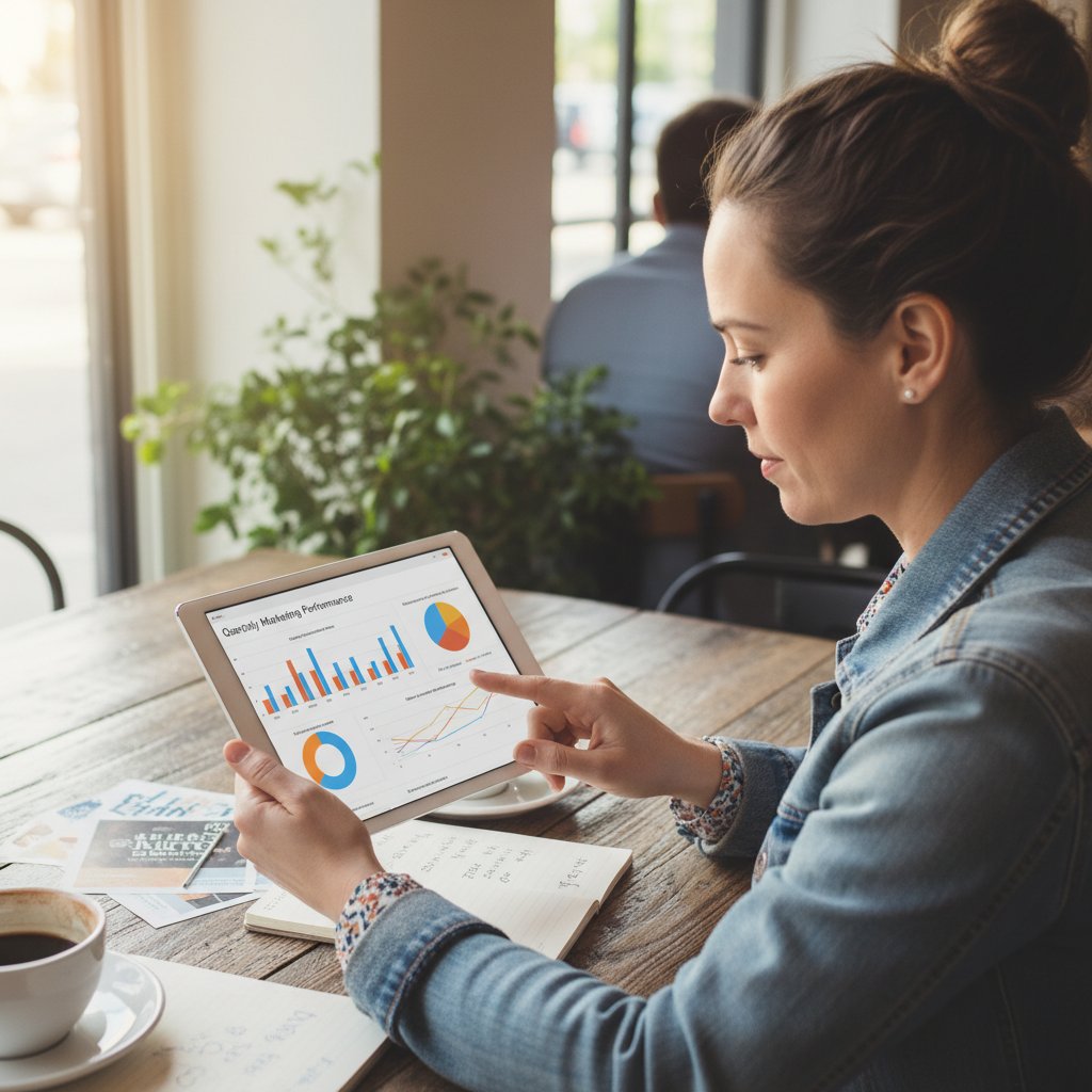 Właściciel firmy analizujący raport z kampanii marketingowej na tablecie