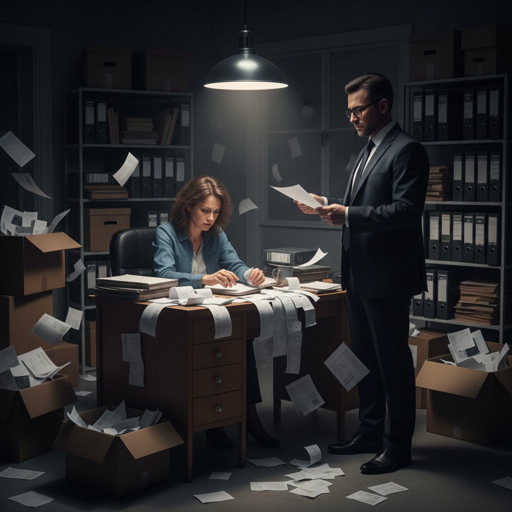 Mały przedsiębiorca przy biurku z papierami, atmosfera napięcia podczas kontroli podatkowej, optymalizacja podatków