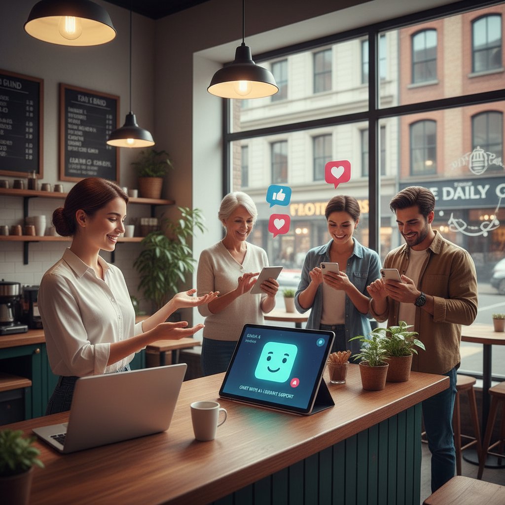 Właściciel małej firmy siedzi zadowolony przy komputerze, na ekranie chatbot i pozytywne reakcje klientów