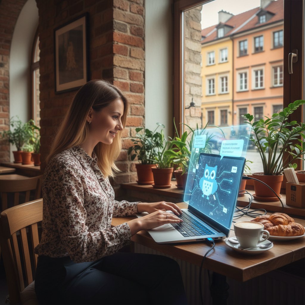 Właściciel małej firmy w Warszawie pracuje z laptopem i wirtualnym asystentem AI
