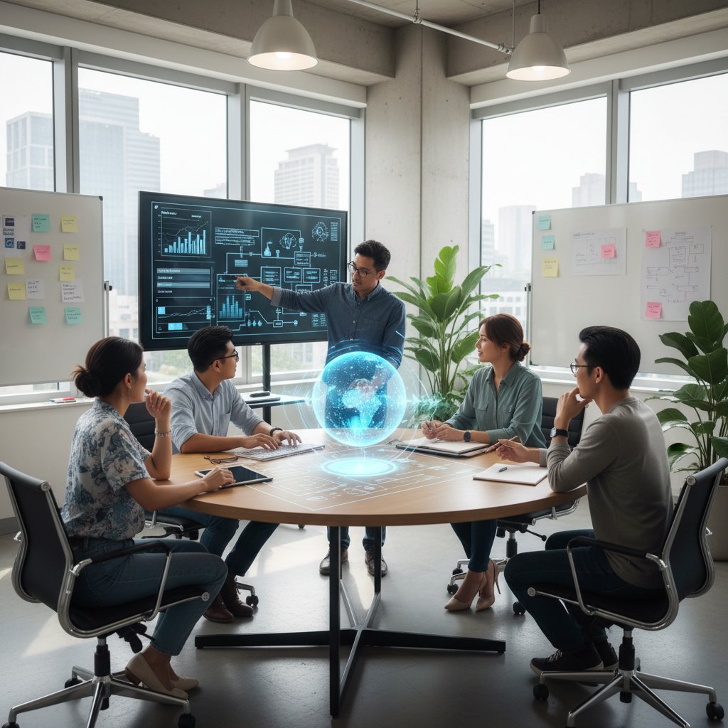 Small business team in discussion, collaborating with AI assistant on screen, balancing tech and human roles