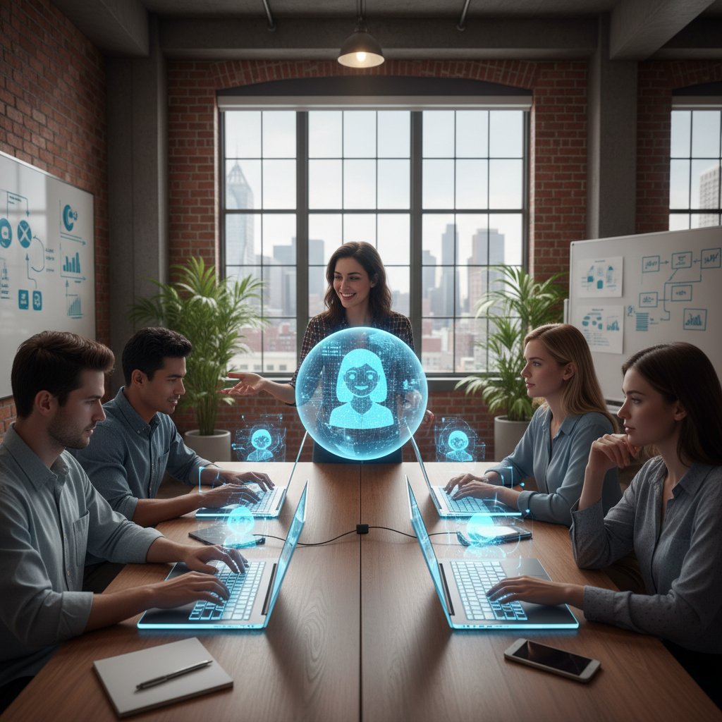 Zespół małej firmy korzystający z pracownicy.ai na laptopie, uśmiechnięci ludzie i wirtualny asystent AI