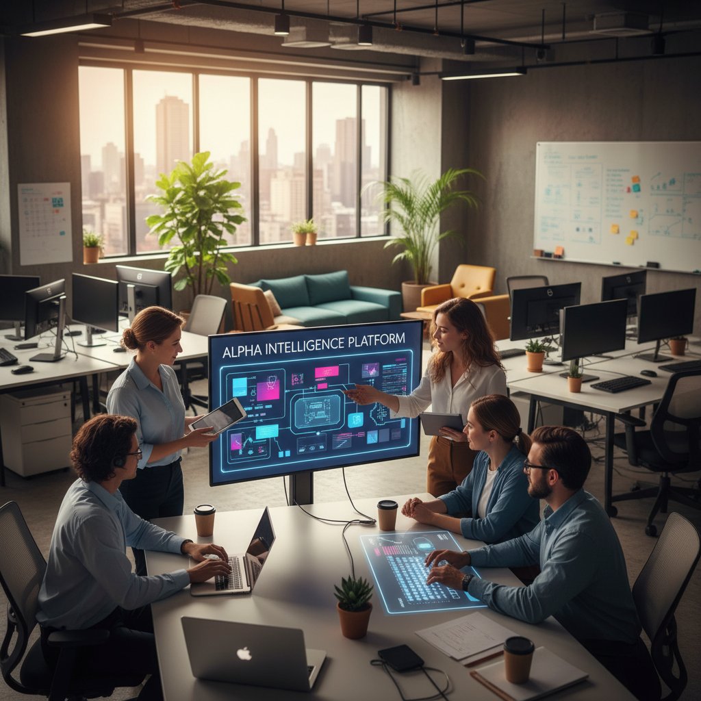 Zespół małej firmy pracujący przy komputerach z wyświetloną aplikacją AI, symbolizującą redukcję kosztów