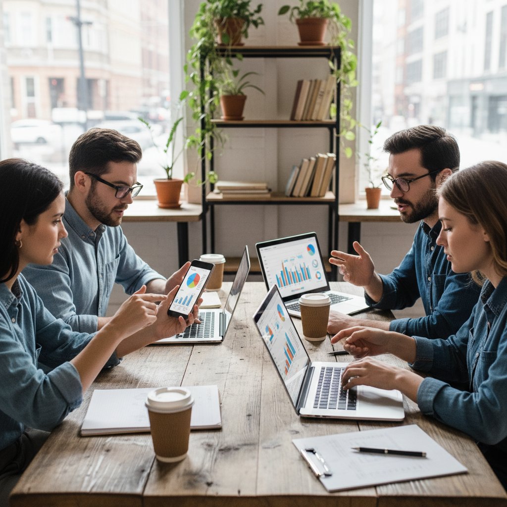 Zespół małej firmy analizujący dane sprzedażowe na smartfonach i laptopach